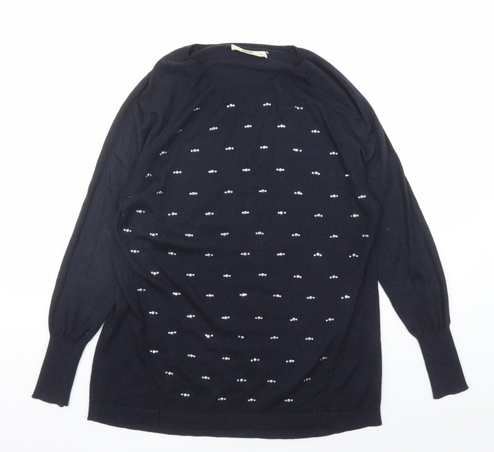 Oasis Womens Blue Round Neck Acrylic Pullover Jumper Size M - Rhinestone Detail