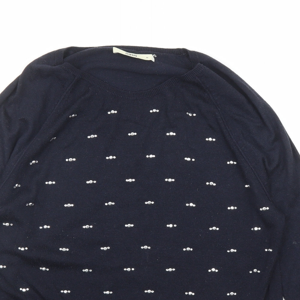 Oasis Womens Blue Round Neck Acrylic Pullover Jumper Size M - Rhinestone Detail