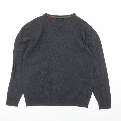NEXT Mens Grey V-Neck Cotton Pullover Jumper Size L Long Sleeve