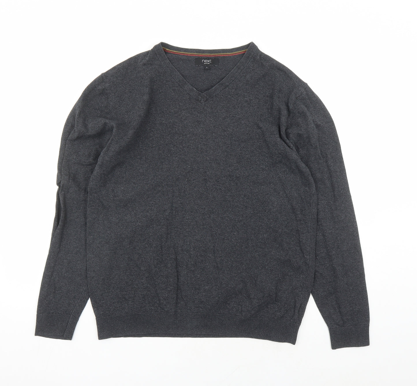 NEXT Mens Grey V-Neck Cotton Pullover Jumper Size L Long Sleeve