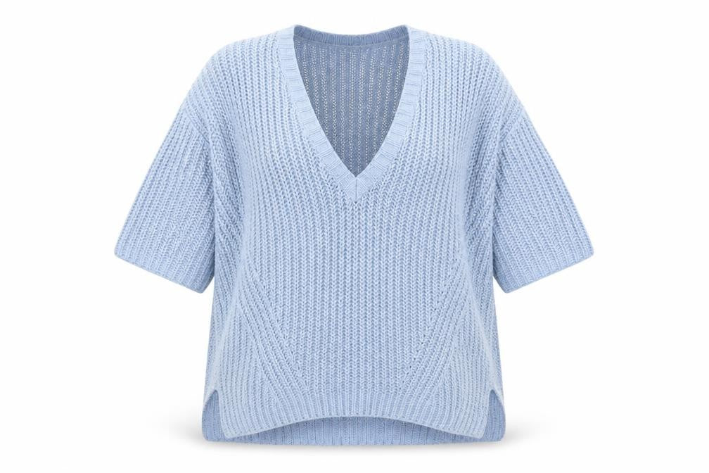 Front view of Warehouse women’s blue v-neck acrylic jumper, size L