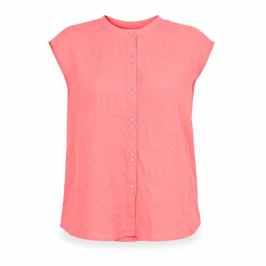Front view of Warehouse women’s pink polyester basic button-up, size UK 10, round neck