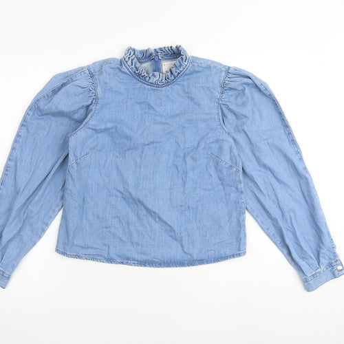 Denim & Co. Womens Blue 100% Cotton Basic Blouse Size 8 High Neck