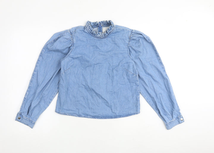 Denim & Co. Womens Blue 100% Cotton Basic Blouse Size 8 High Neck
