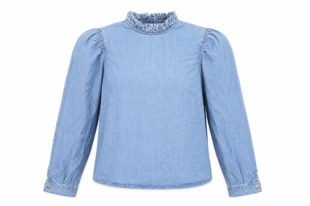 Front view of Denim & Co. women’s blue 100% cotton basic blouse, size UK 8, high neck