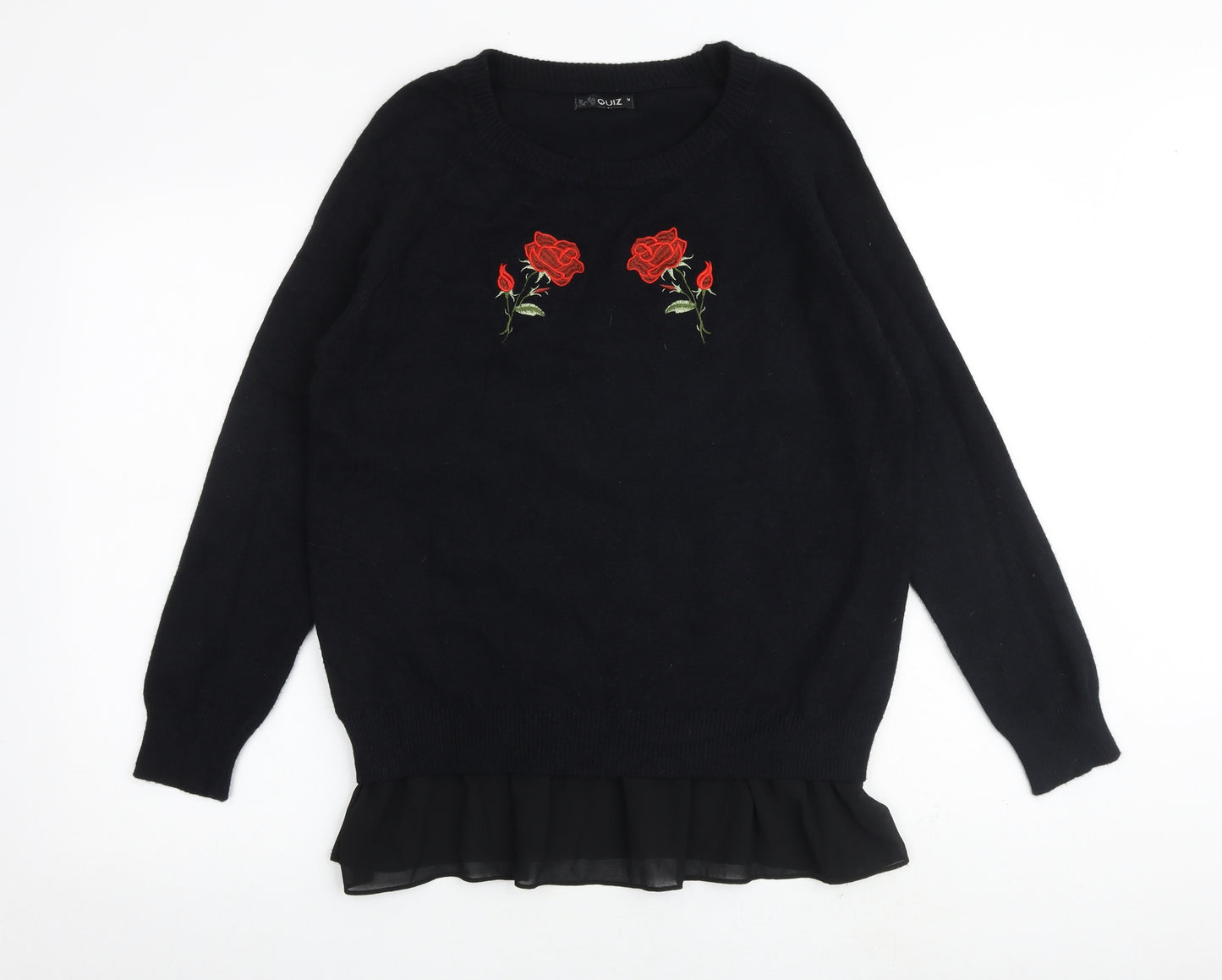 Quiz Womens Black Round Neck Floral Viscose Pullover Jumper Size M