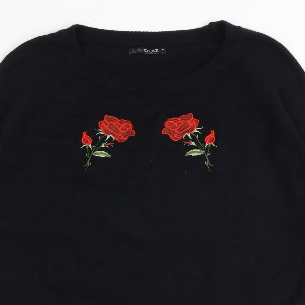 Quiz Womens Black Round Neck Floral Viscose Pullover Jumper Size M