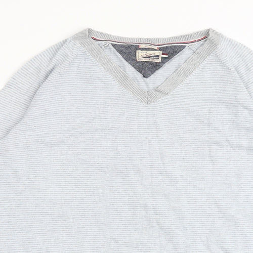 Tommy Hilfiger Mens Grey V-Neck Striped Cotton Pullover Jumper Size S Long Sleeve