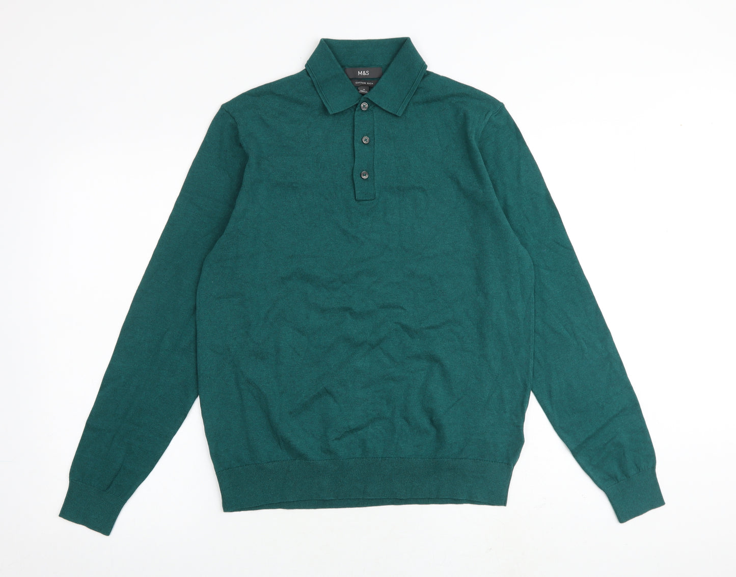 Marks and Spencer Mens Green Collared Cotton Pullover Jumper Size M Long Sleeve