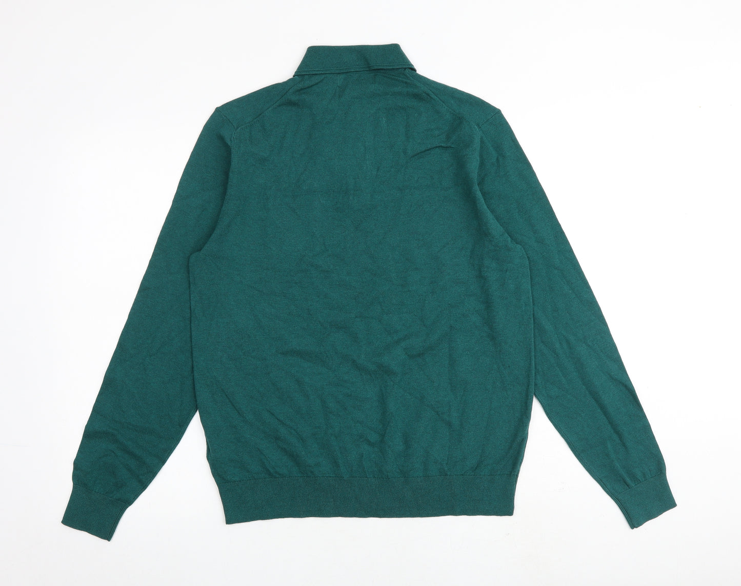 Marks and Spencer Mens Green Collared Cotton Pullover Jumper Size M Long Sleeve