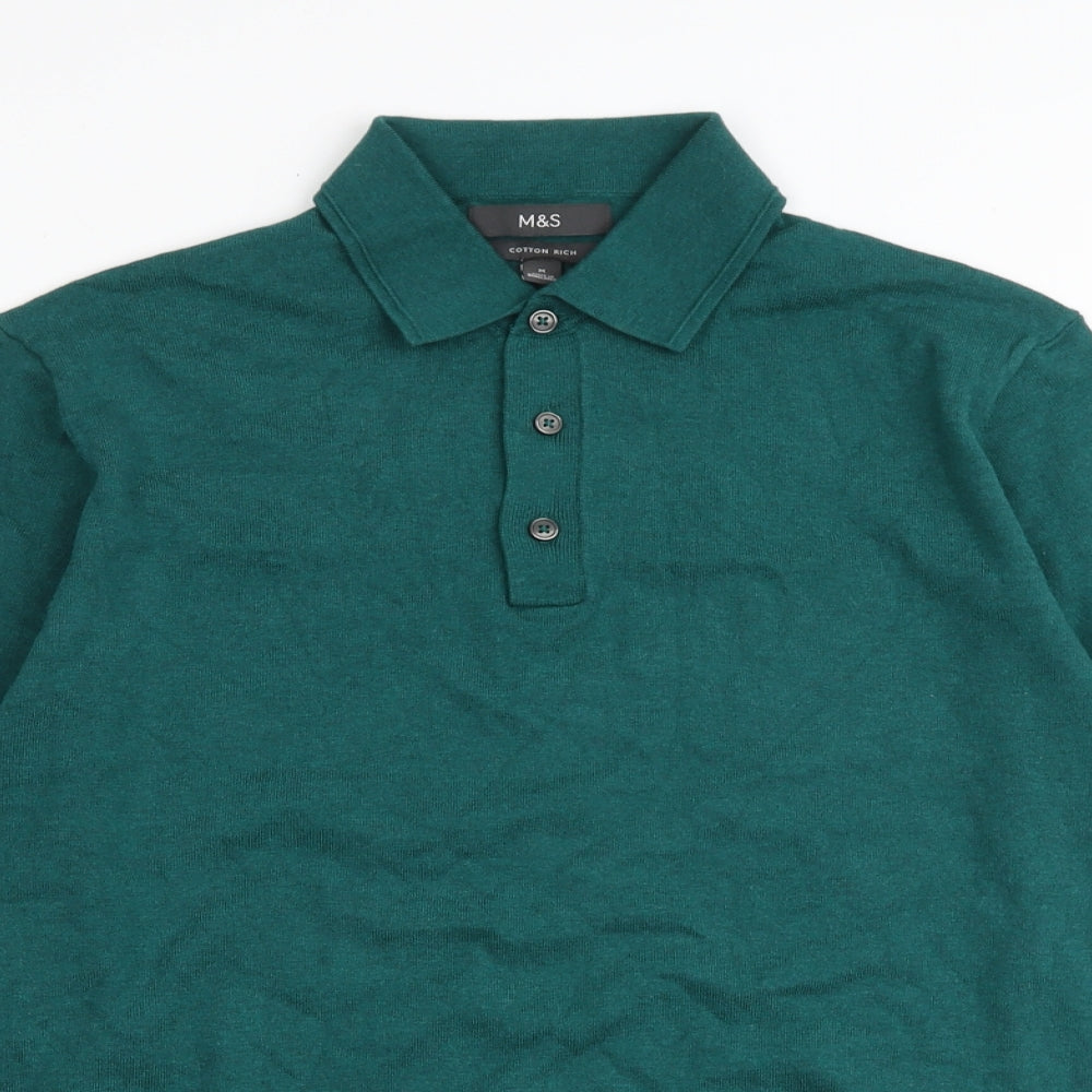Marks and Spencer Mens Green Collared Cotton Pullover Jumper Size M Long Sleeve