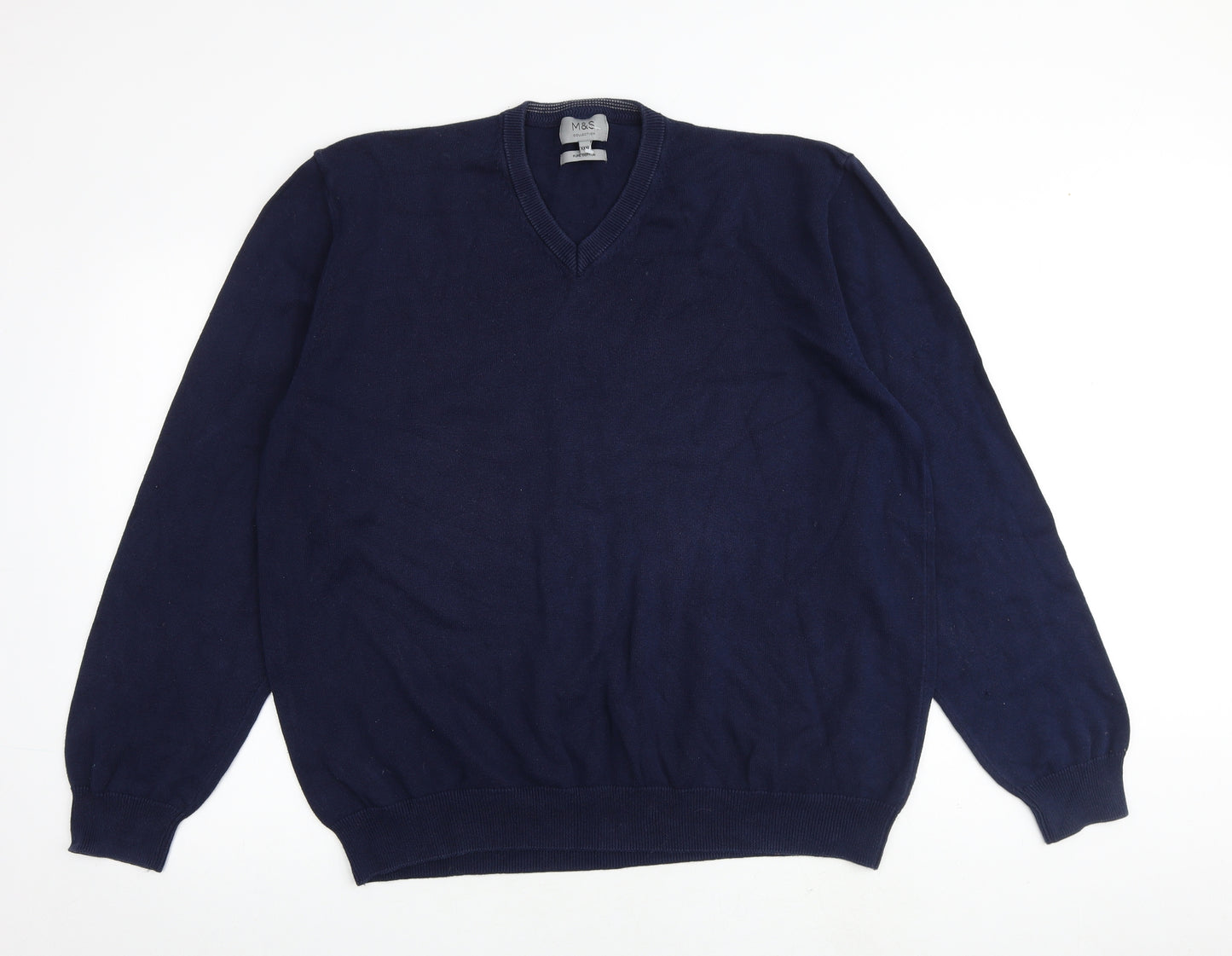 Marks and Spencer Mens Blue V-Neck Cotton Pullover Jumper Size 3XL Long Sleeve