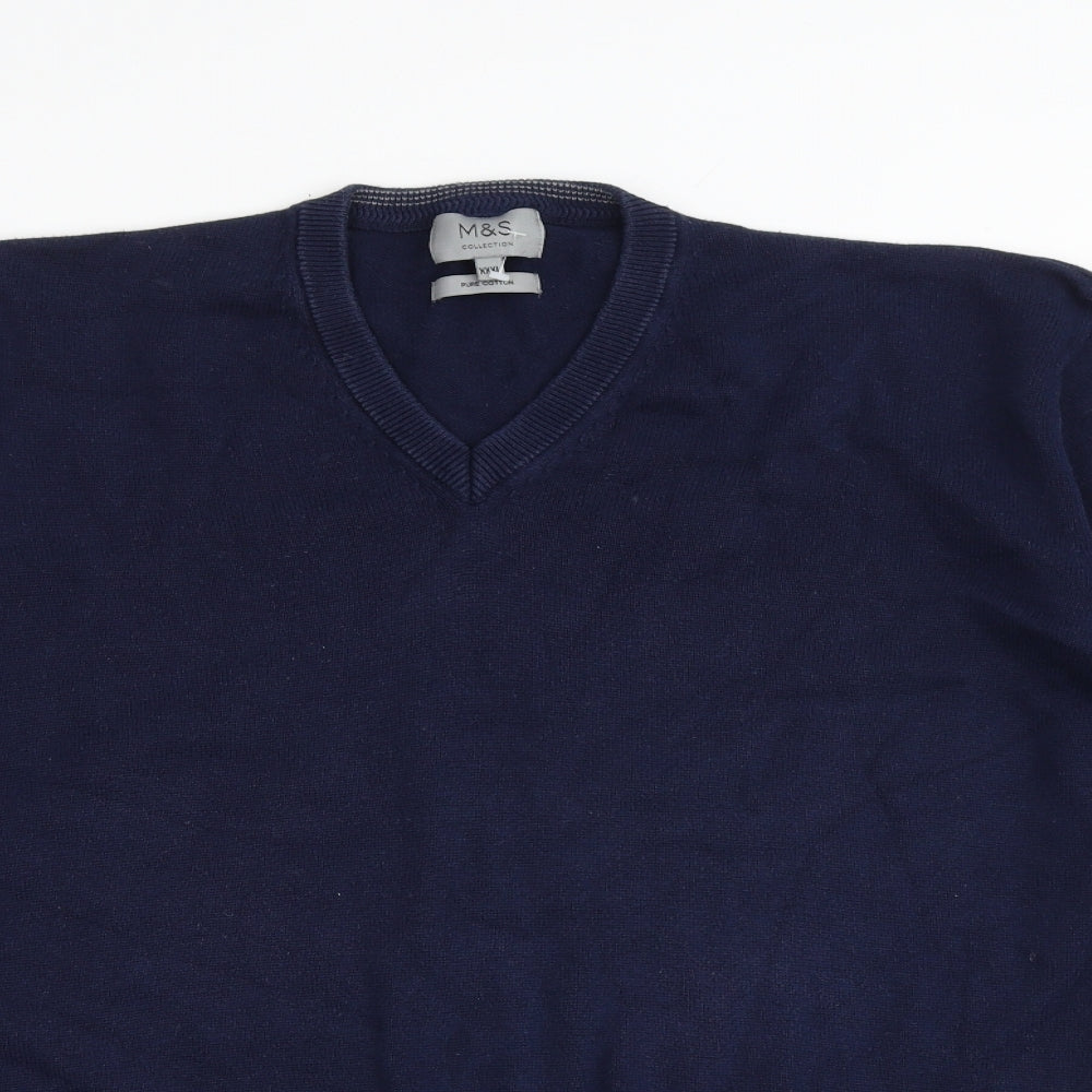 Marks and Spencer Mens Blue V-Neck Cotton Pullover Jumper Size 3XL Long Sleeve