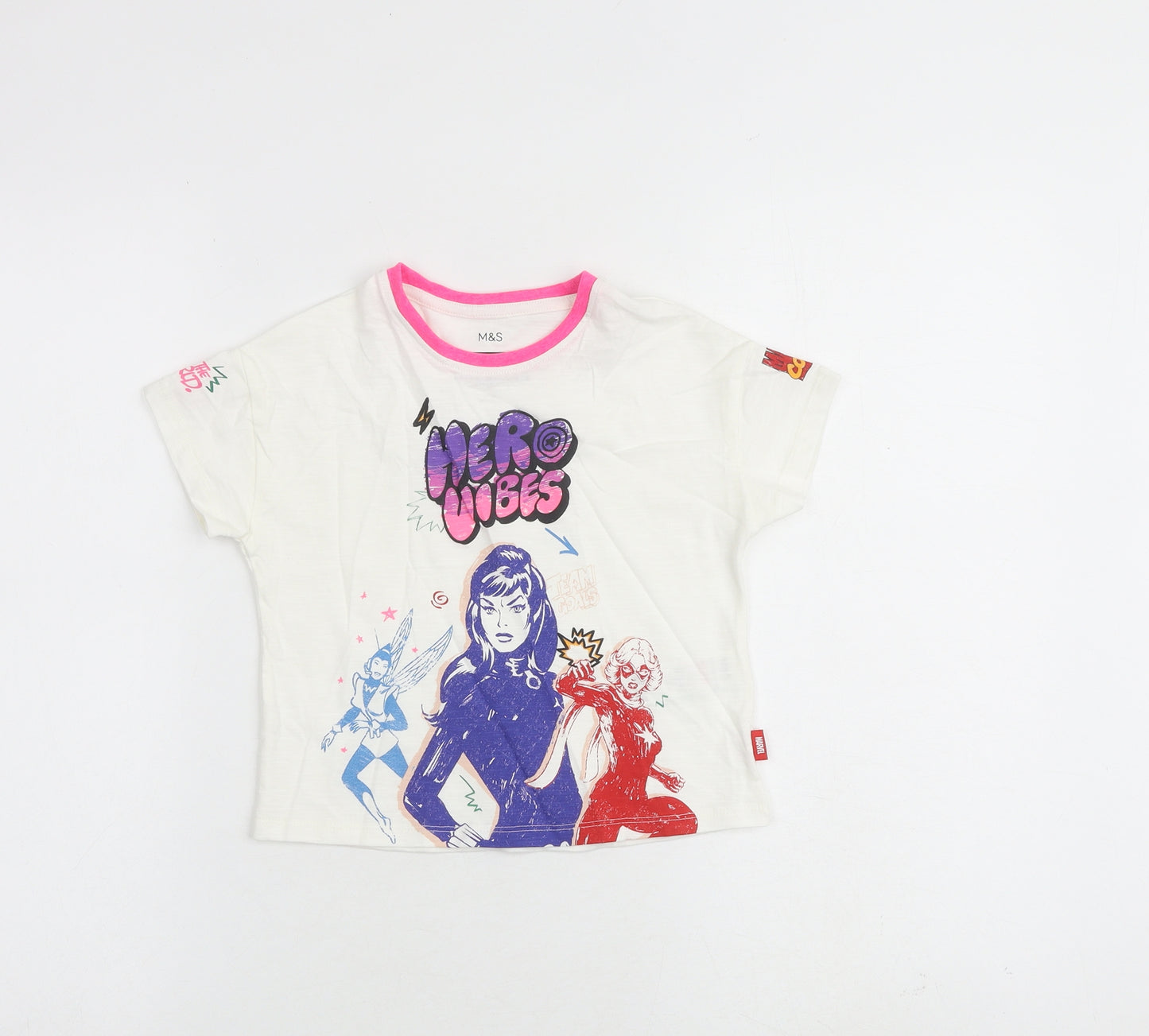Marks and Spencer Girls White Cotton Basic T-Shirt Size 2-3 Years Round Neck Pullover