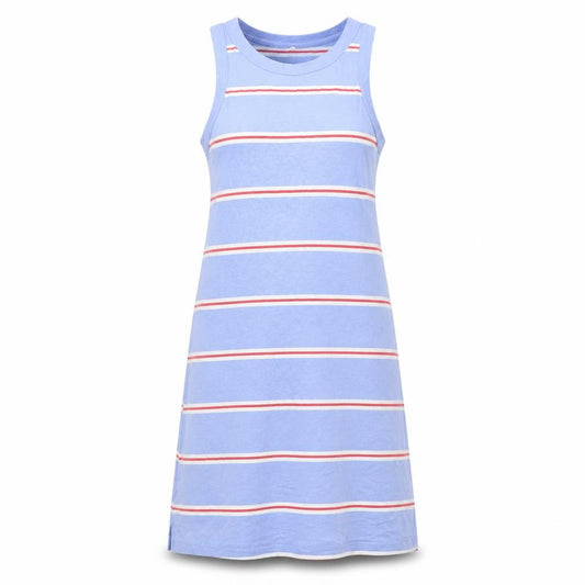 Front view of Marks & Spencer women’s blue striped cotton a-line, size S, round neck pullover