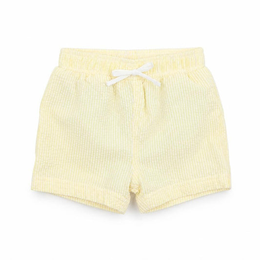 Front view of Marks & Spencer Baby Yellow Striped Cotton Cropped Trousers, size 6-9, Months Drawstring - Shorts
