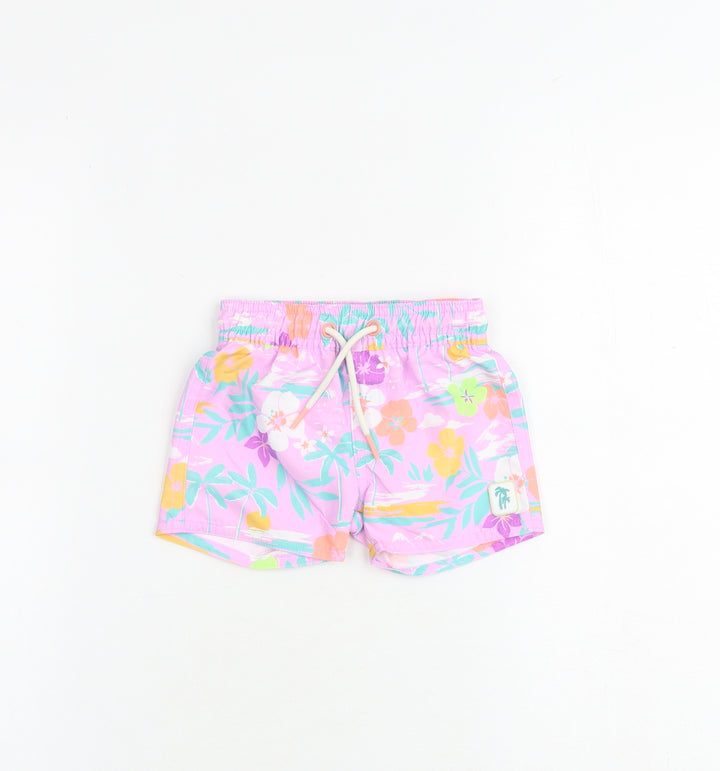 Marks and Spencer Baby Purple Floral Polyester Cropped Trousers Size 3-6 Months Drawstring - Shorts