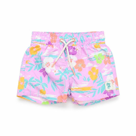 Front view of Marks & Spencer Baby Purple Floral Polyester Cropped Trousers, size 3-6, Months Drawstring - Shorts