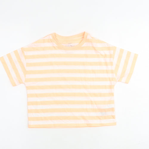 Marks and Spencer Girls Orange Striped Cotton Basic T-Shirt Size 7-8 Years Round Neck Pullover