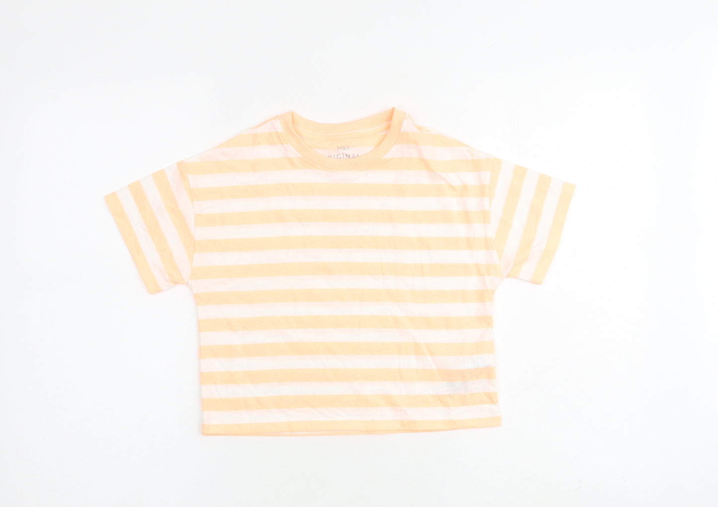 Marks and Spencer Girls Orange Striped Cotton Basic T-Shirt Size 7-8 Years Round Neck Pullover