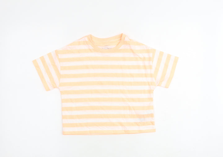 Marks and Spencer Girls Orange Striped Cotton Basic T-Shirt Size 7-8 Years Round Neck Pullover