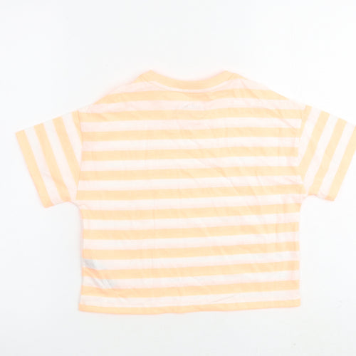 Marks and Spencer Girls Orange Striped Cotton Basic T-Shirt Size 7-8 Years Round Neck Pullover
