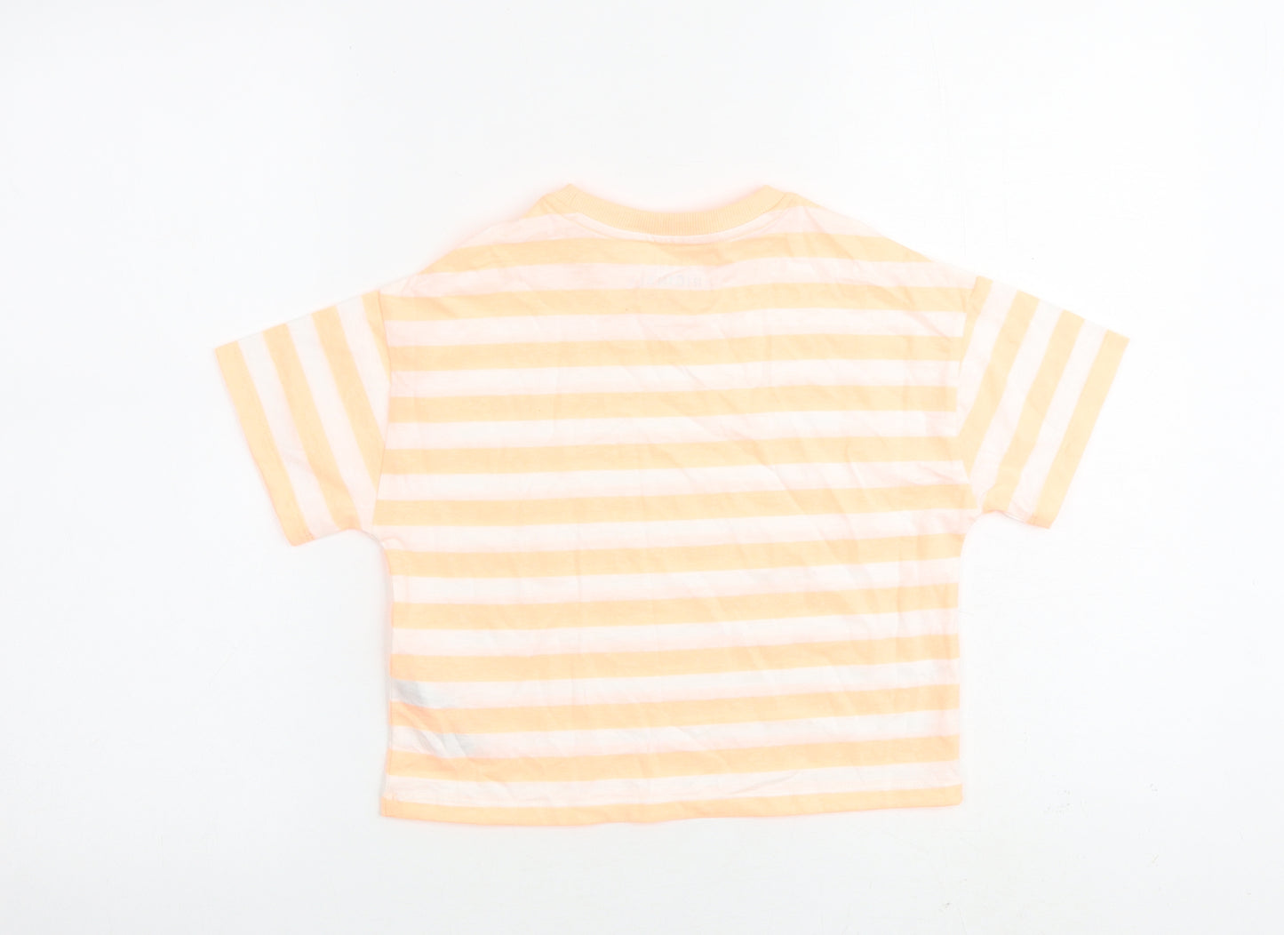 Marks and Spencer Girls Orange Striped Cotton Basic T-Shirt Size 7-8 Years Round Neck Pullover