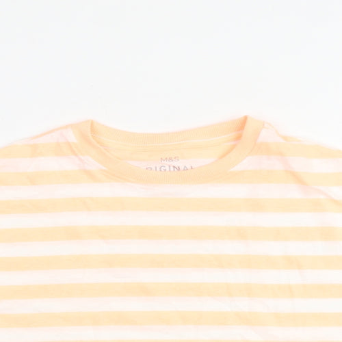 Marks and Spencer Girls Orange Striped Cotton Basic T-Shirt Size 7-8 Years Round Neck Pullover
