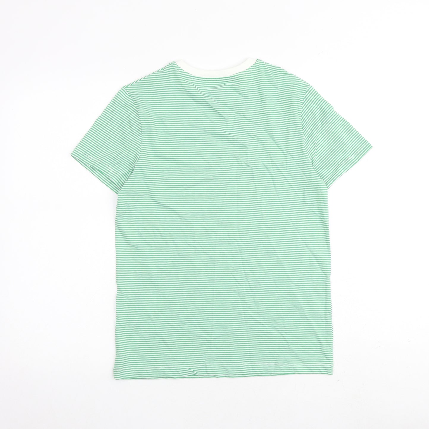 Marks and Spencer Boys Green Striped Cotton Basic T-Shirt Size 11-12 Years Round Neck Pullover