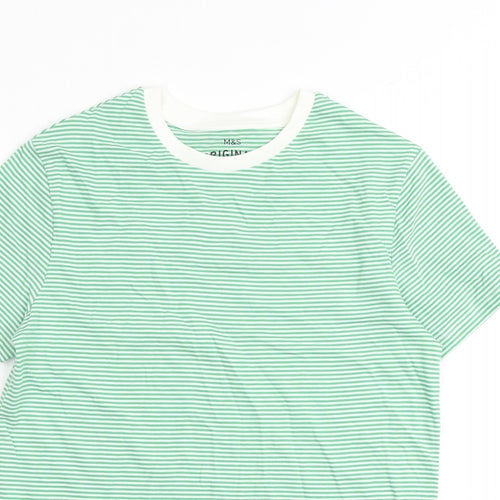 Marks and Spencer Boys Green Striped Cotton Basic T-Shirt Size 11-12 Years Round Neck Pullover