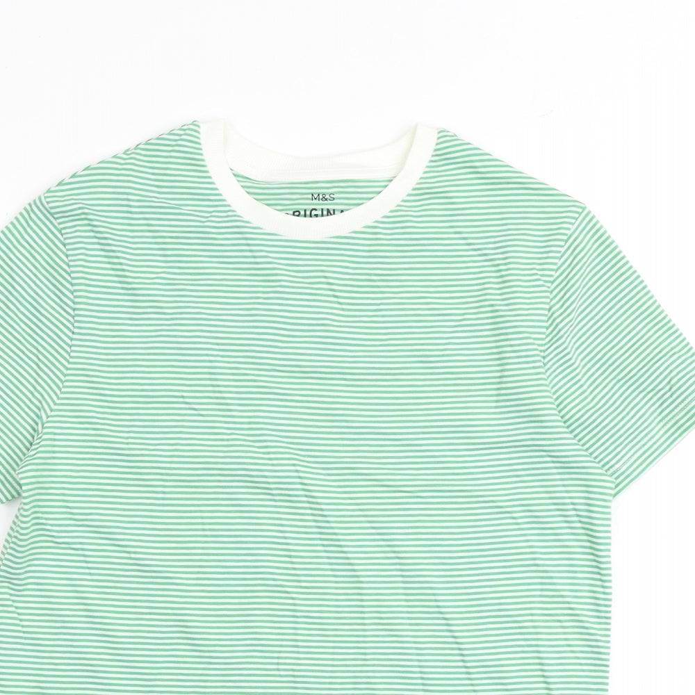 Marks and Spencer Boys Green Striped Cotton Basic T-Shirt Size 11-12 Years Round Neck Pullover