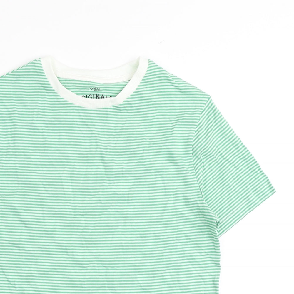 Marks and Spencer Boys Green Striped Otter Basic T-Shirt Size 11-12 Years Round Neck Pullover