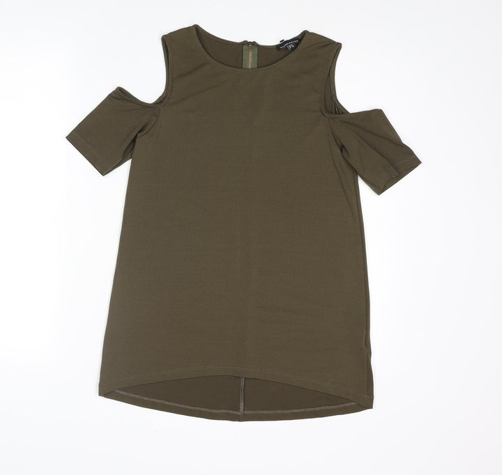 Warehouse Womens Green Polyester Basic Blouse Size 8 Round Neck - Cold Shoulder