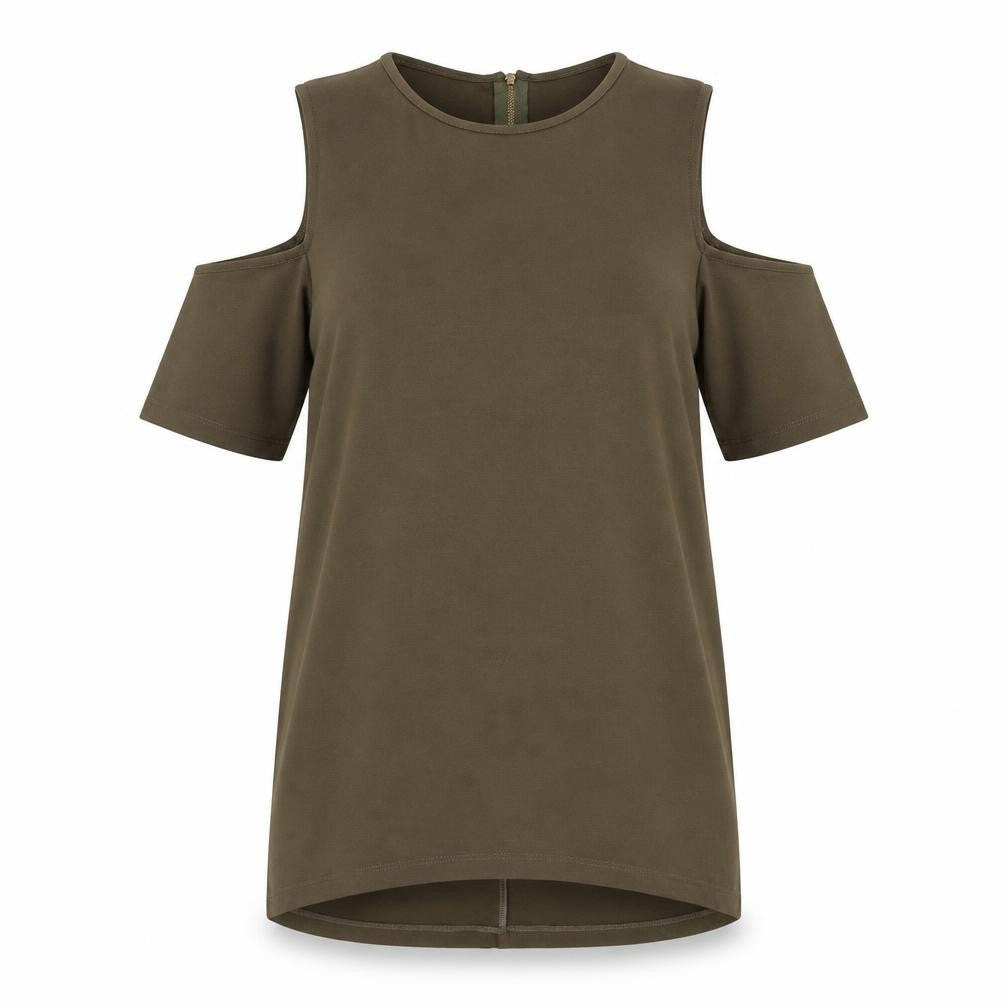 Warehouse Womens Green Polyester Basic Blouse Size 8 Round Neck - Cold Shoulder