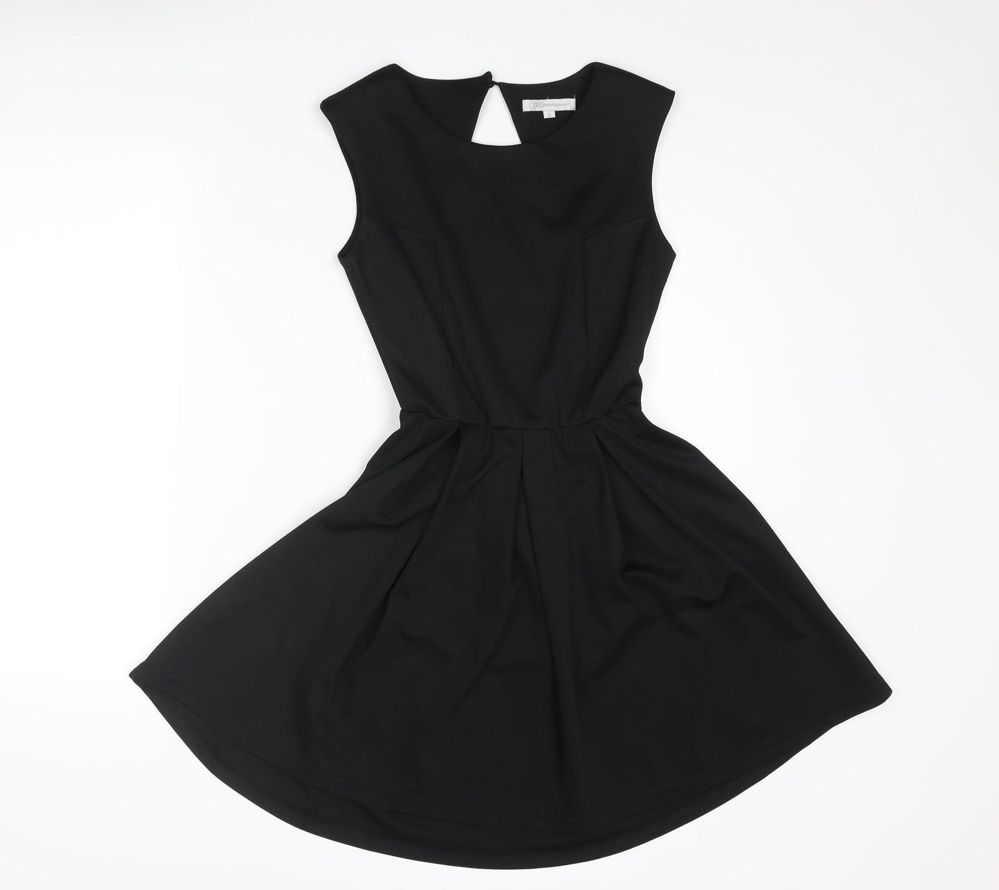 Glamorous Womens Black Polyester Skater Dress Size 8 Round Neck Button - Shoulder Pads Cut Out Back