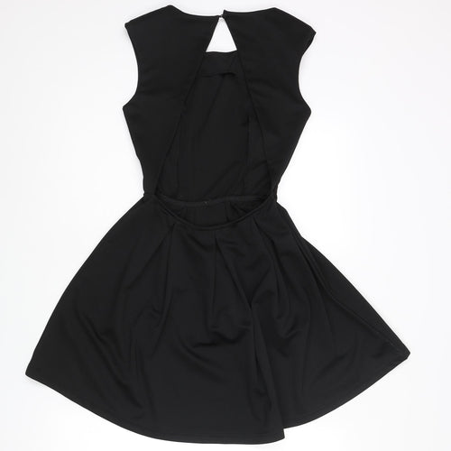 Glamorous Womens Black Polyester Skater Dress Size 8 Round Neck Button - Shoulder Pads Cut Out Back