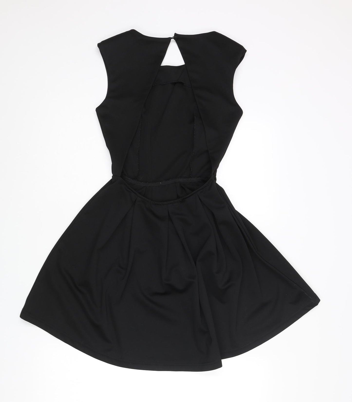 Glamorous Womens Black Polyester Skater Dress Size 8 Round Neck Button - Shoulder Pads Cut Out Back