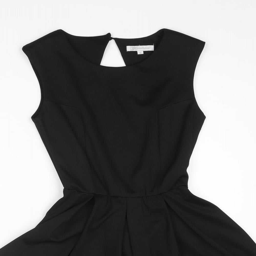 Glamorous Womens Black Polyester Skater Dress Size 8 Round Neck Button - Shoulder Pads Cut Out Back