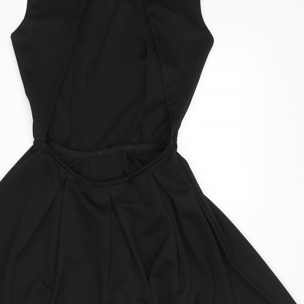 Glamorous Womens Black Polyester Skater Dress Size 8 Round Neck Button - Shoulder Pads Cut Out Back