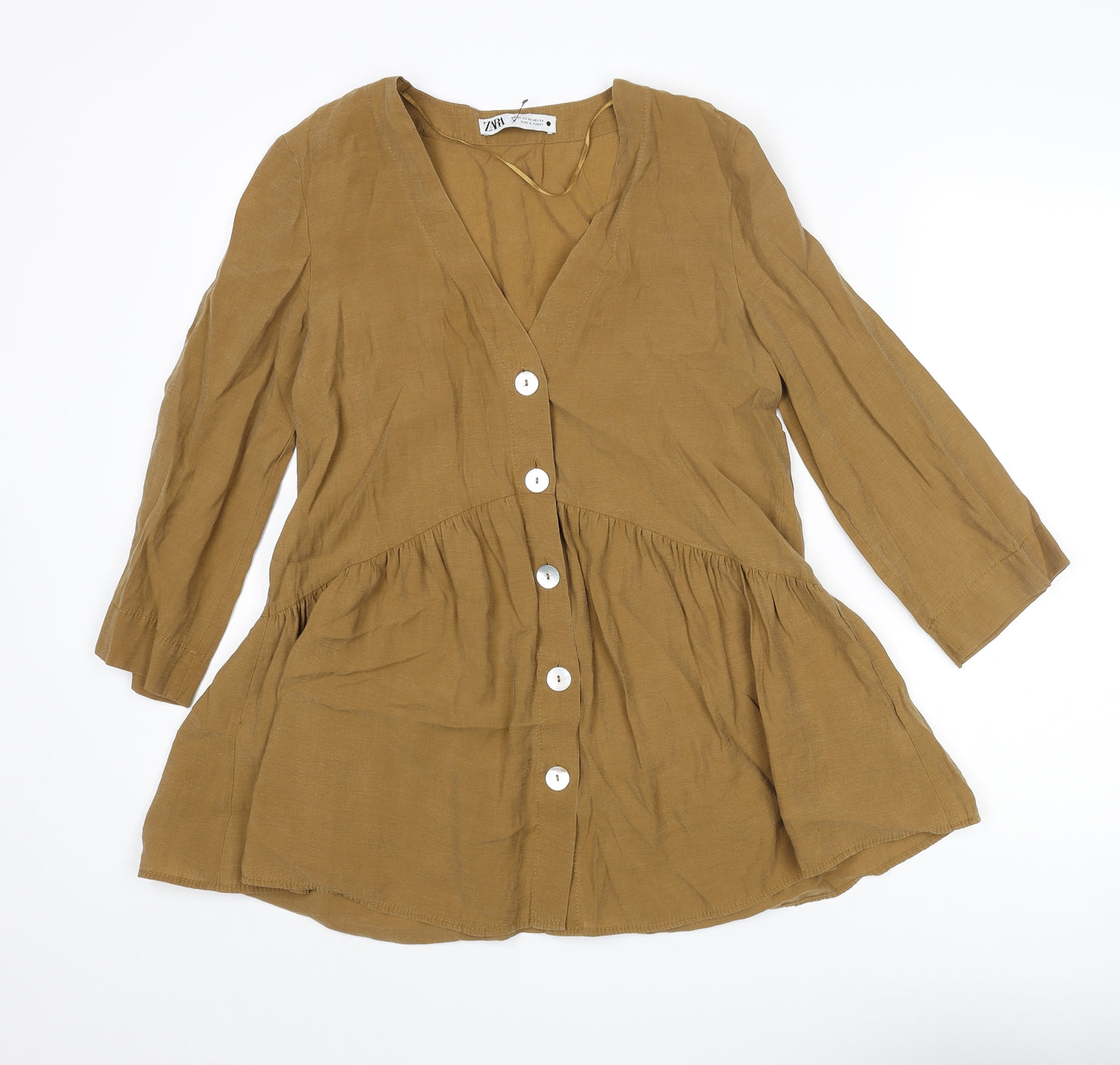 Zara Womens Brown Lyocell Tunic Blouse Size XS V-Neck - Frill