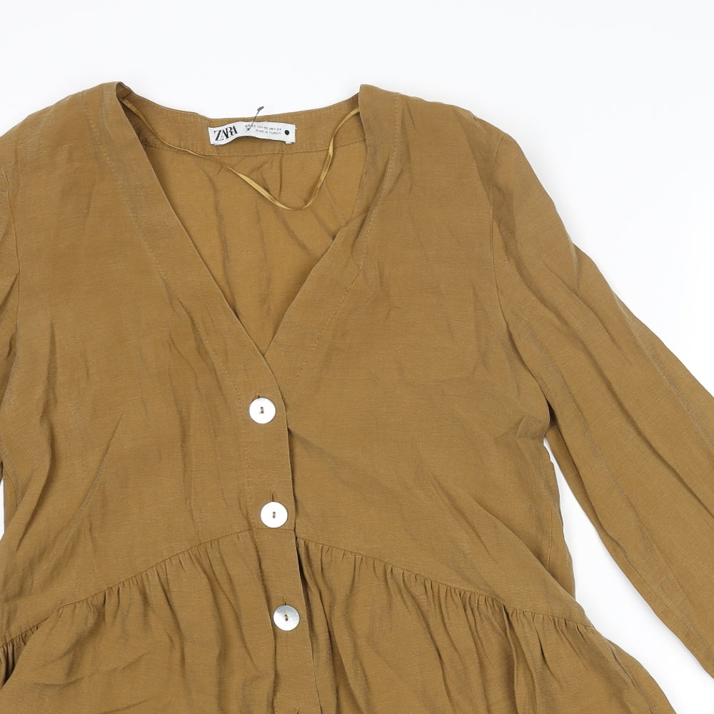 Zara Womens Brown Lyocell Tunic Blouse Size XS V-Neck - Frill