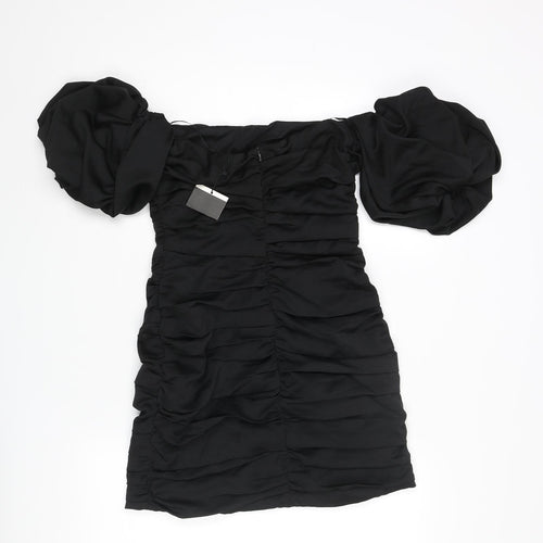 Zara Womens Black Polyester Mini Size M Off the Shoulder Zip - Rouched