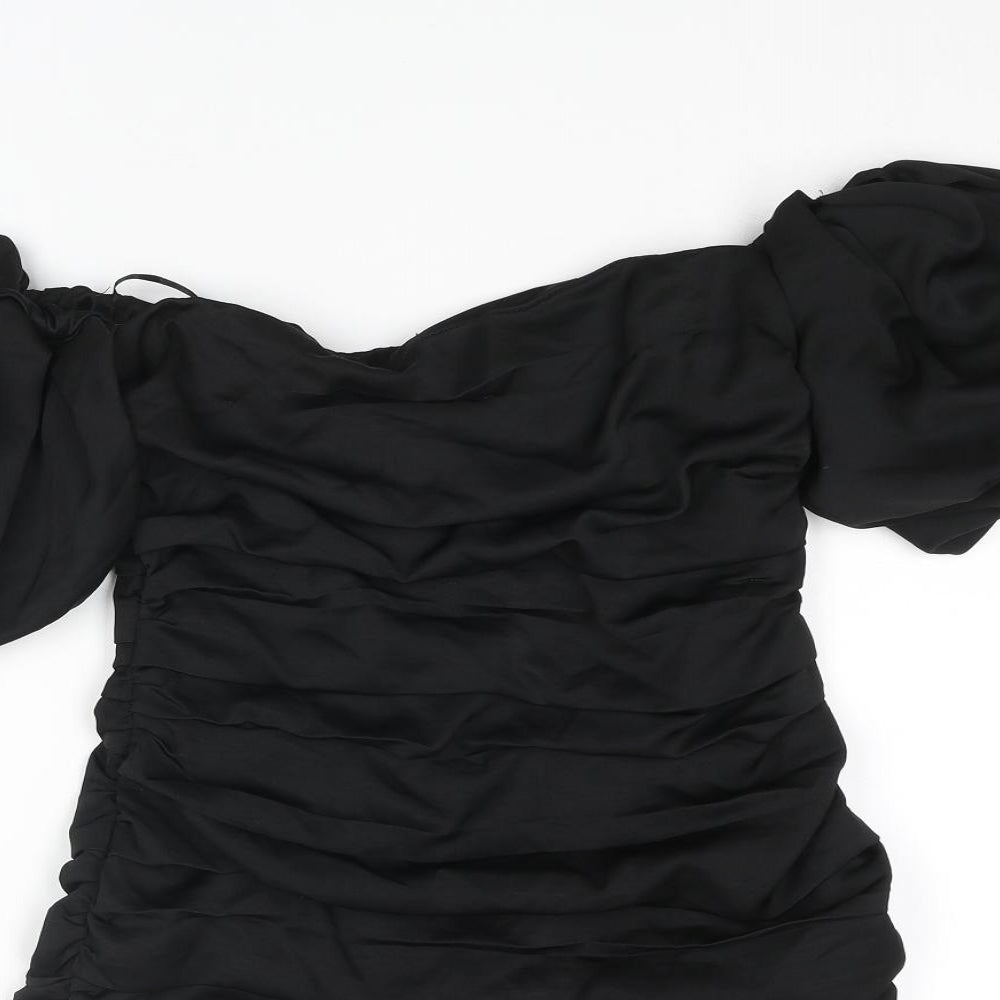 Zara Womens Black Polyester Mini Size M Off the Shoulder Zip - Rouched
