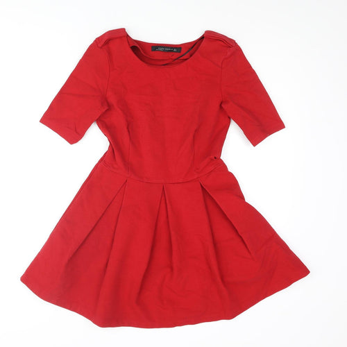 Zara Womens Red Cotton Skater Dress Size S Round Neck Zip - Pleated