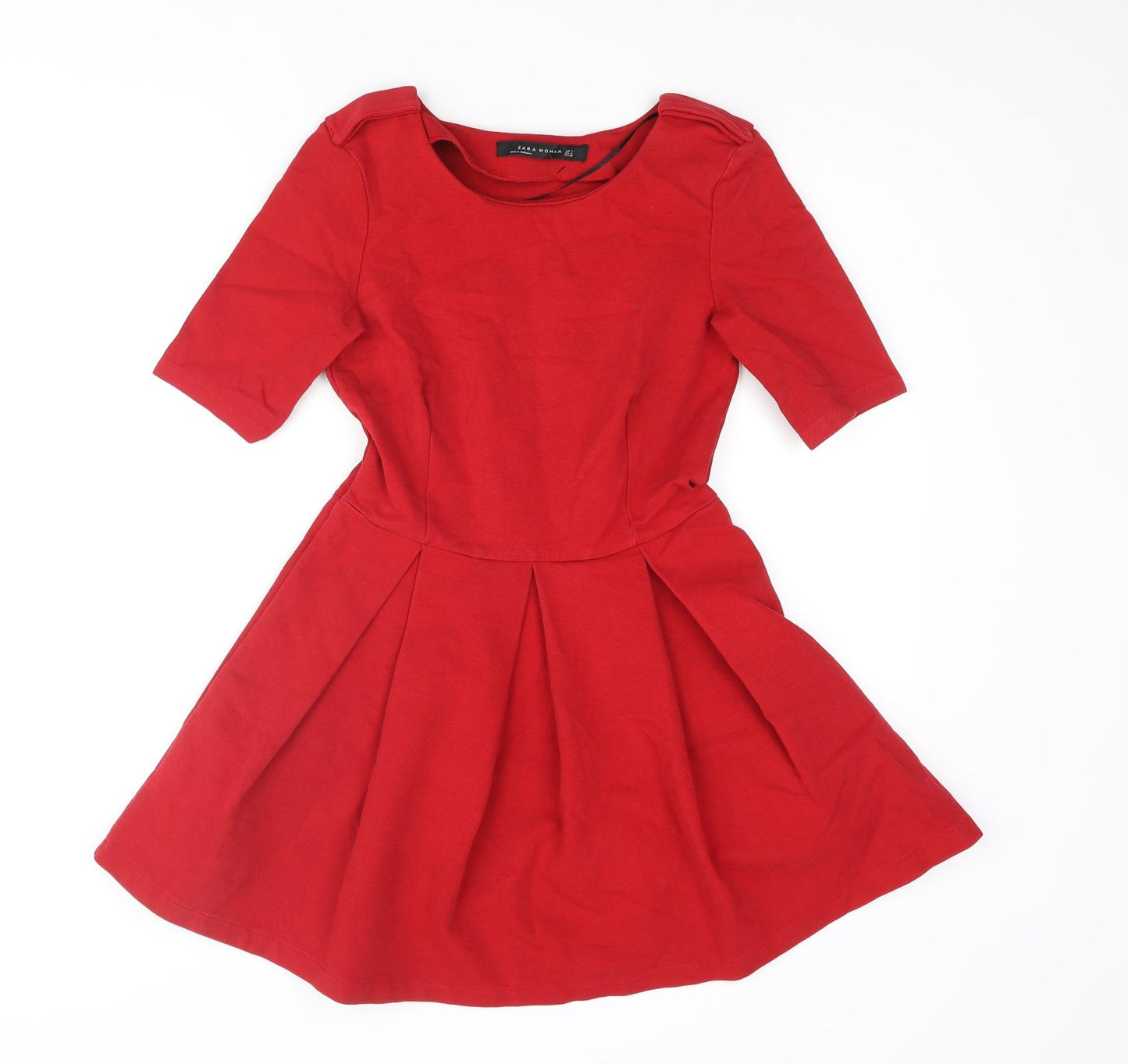Zara Womens Red Cotton Skater Dress Size S Round Neck Zip - Pleated