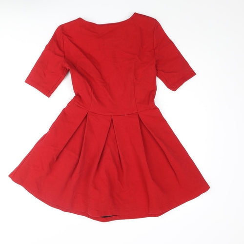 Zara Womens Red Cotton Skater Dress Size S Round Neck Zip - Pleated
