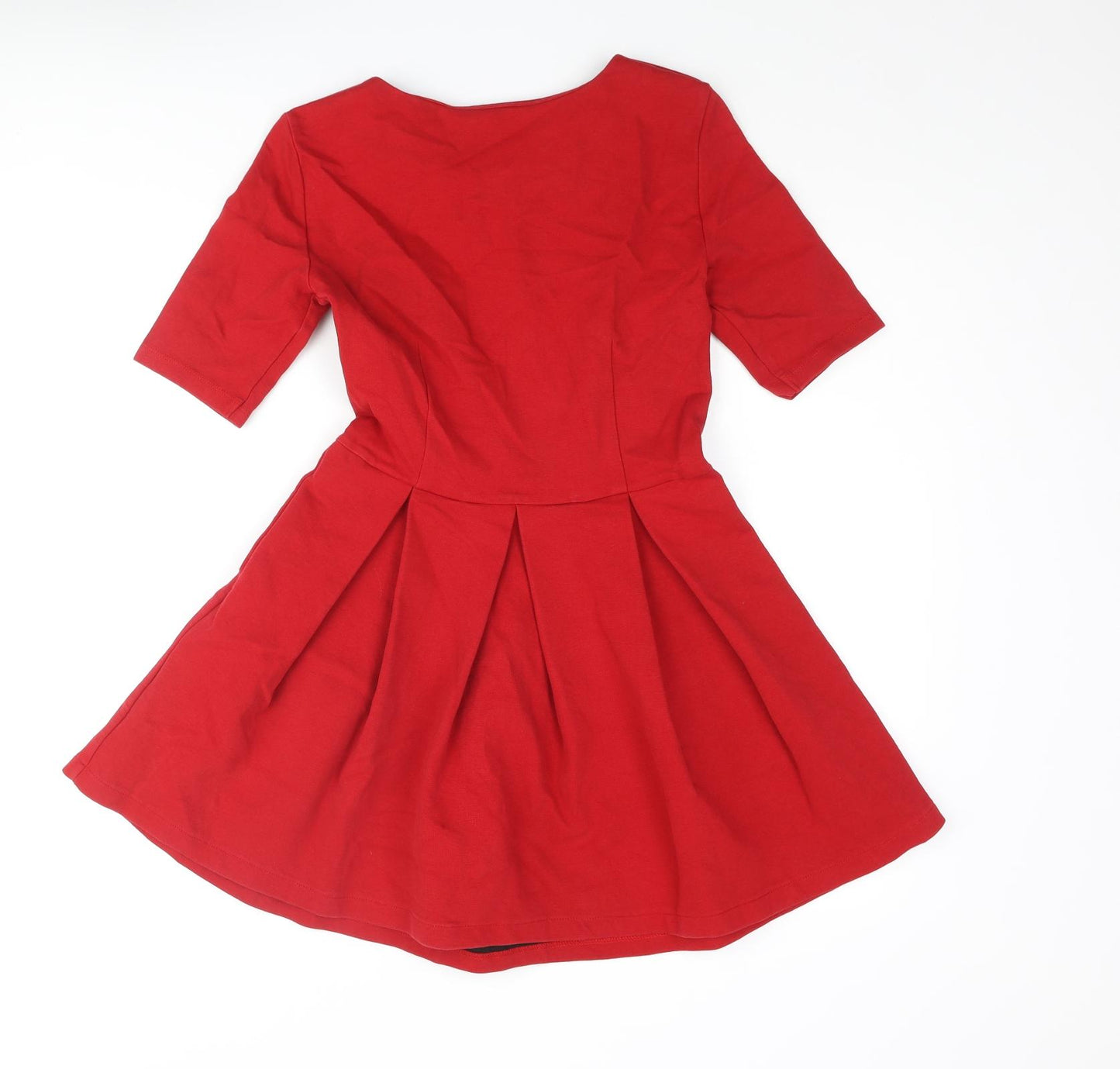 Zara Womens Red Cotton Skater Dress Size S Round Neck Zip - Pleated