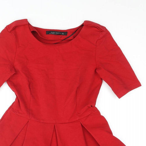 Zara Womens Red Cotton Skater Dress Size S Round Neck Zip - Pleated