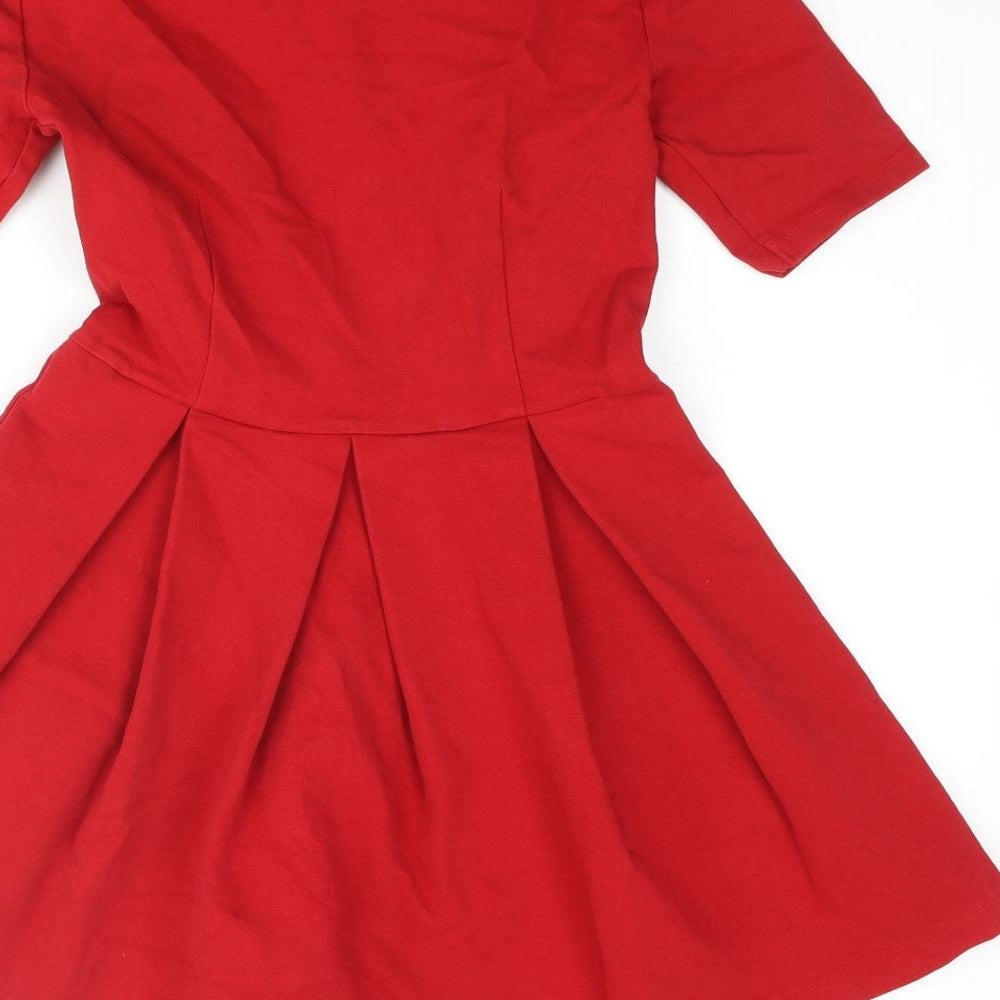 Zara Womens Red Cotton Skater Dress Size S Round Neck Zip - Pleated