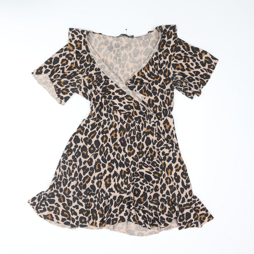Boohoo Womens Brown Animal Print Polyester Wrap Dress Size 12 V-Neck Pullover - Leopard Print Frill